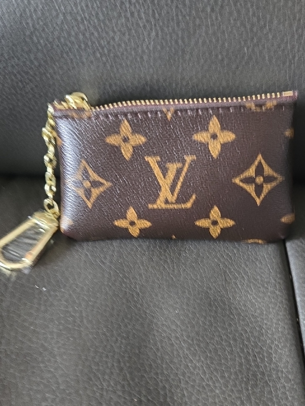 Monogram Key Pouch in Brown and Gold Hardware